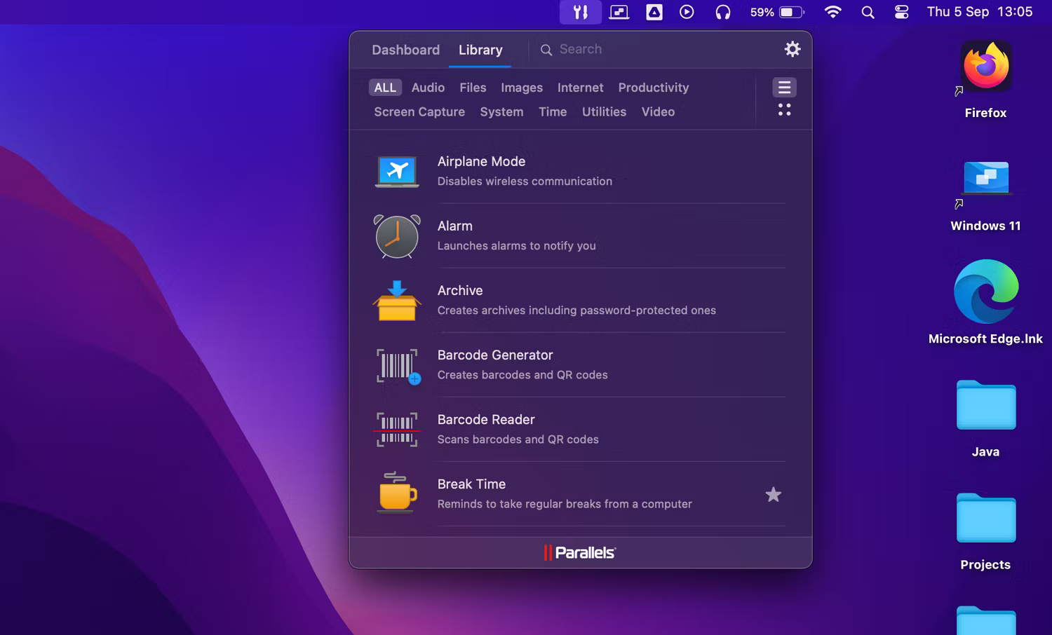 Menu Parallels Desktop Toolbox