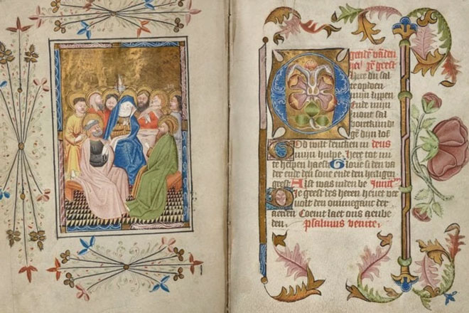 Rothschild Prayer Book, bộ sưu tập các văn bản, thánh ca và hình ảnh Cơ đốc giáo Flemish thời Trung cổ, được các học giả Flemish biên soạn vào đầu những năm 1500. Vào năm 2014, cuốn sách được bán với giá 13,6 triệu USD. Ảnh: Reader’s Digest.