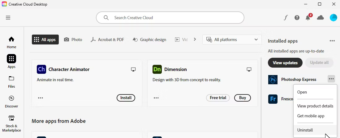 Tab ứng dụng Adobe Creative Cloud có tùy chọn Uninstall