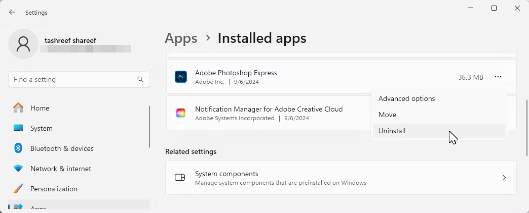 Cài đặt Windows 11 có tùy chọn gỡ cài đặt Adobe Photoshop Express