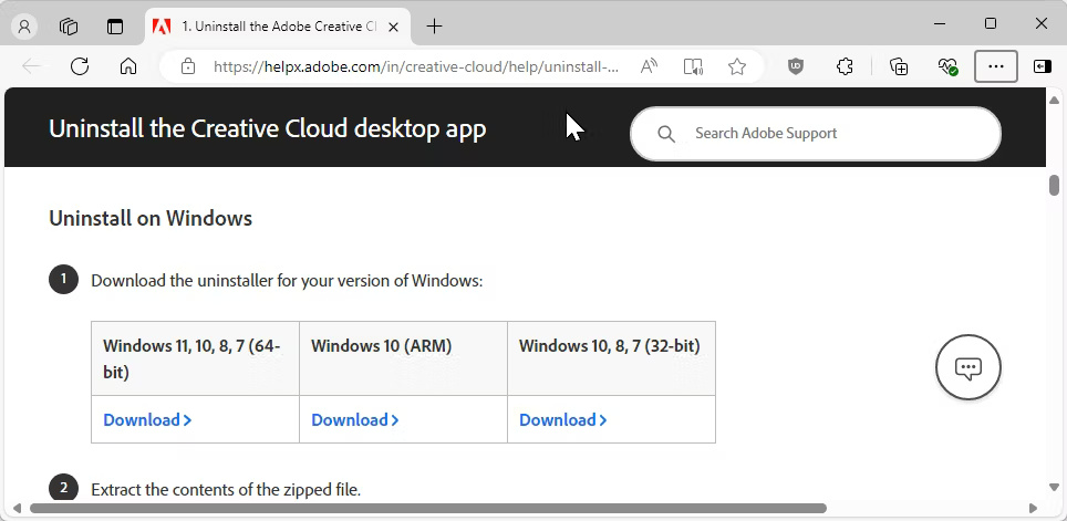 Trang web tải xuống trình gỡ cài đặt Adobe Creative Cloud trên desktop
