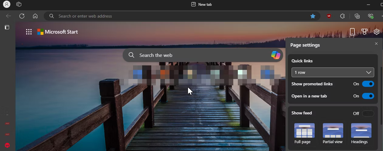 Menu Page settings mở ra trong trình duyệt Microsoft Edge