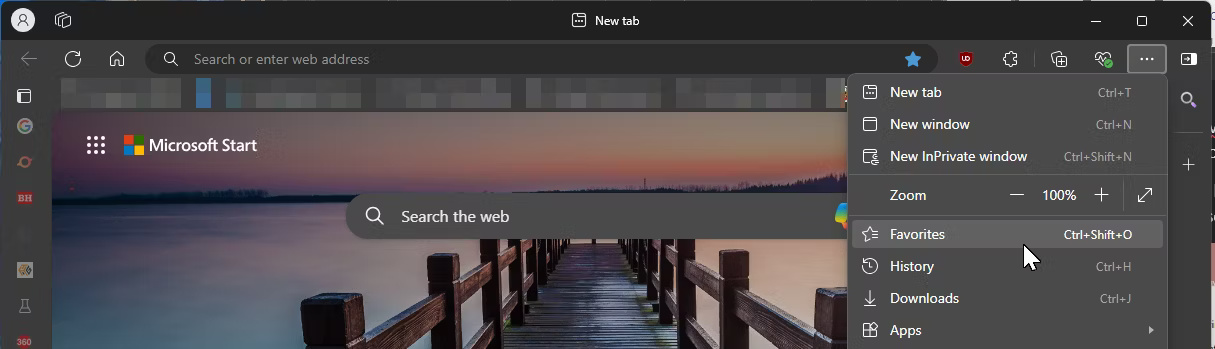 Tùy chọn Settings trong Microsoft Edge với tùy chọn Favorites