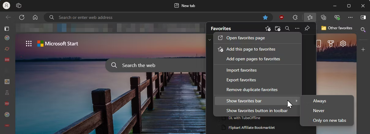 Tùy chọn menu mục yêu thích của Microsoft Edge