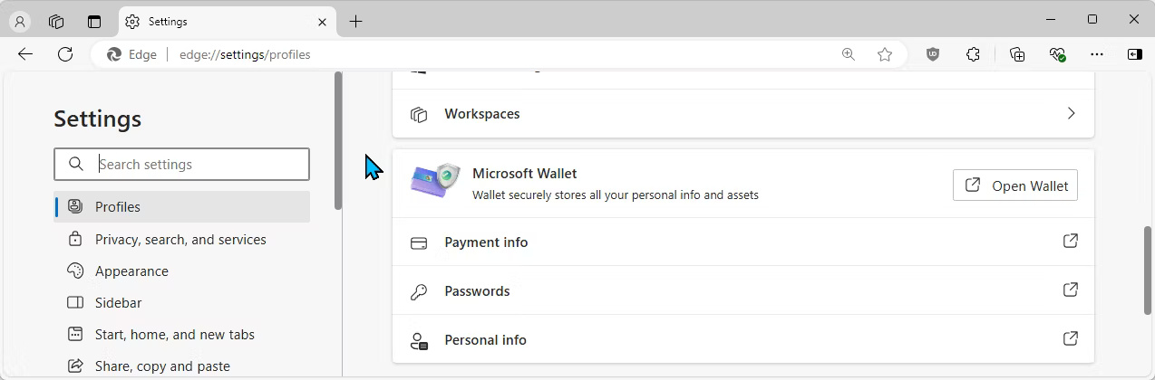Tùy chọn Microsoft Wallet trong Microsoft Edge
