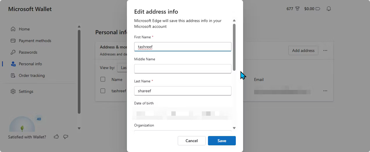 Biểu mẫu Thêm địa chỉ trong Microsoft Wallet trong Edge