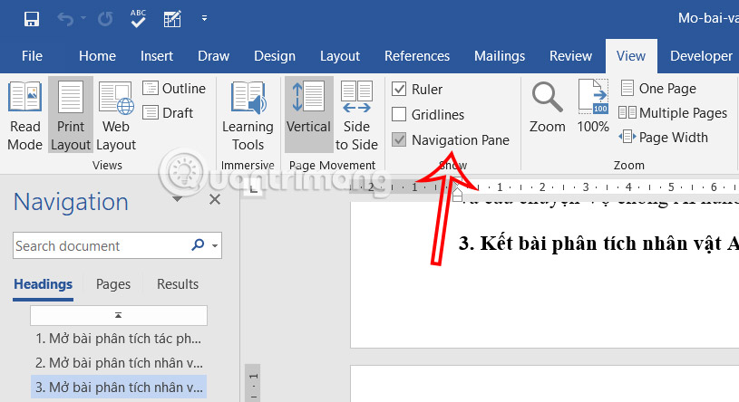 Sử dụng Navigation Pane trong Word