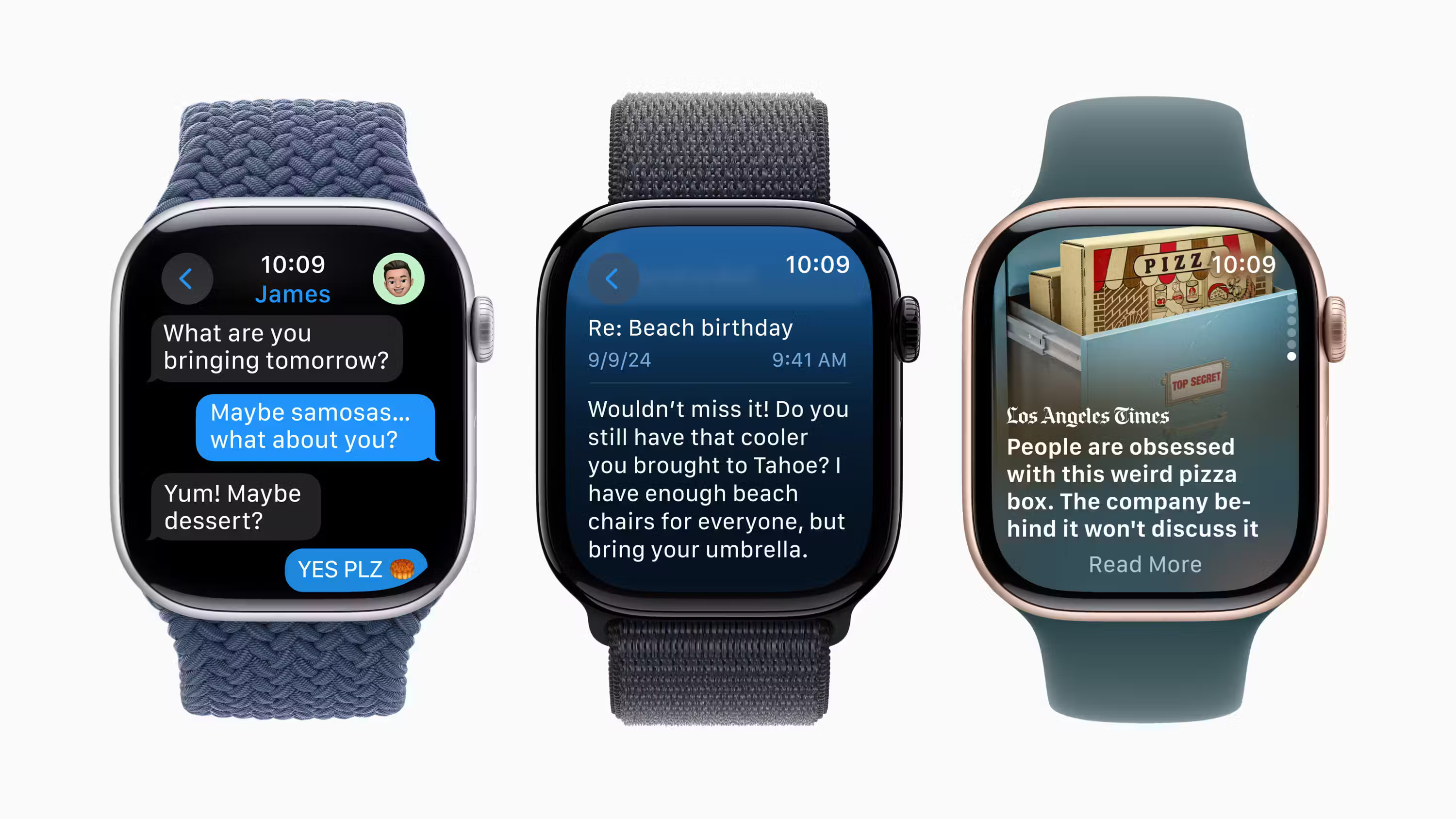 3 mẫu đồng hồ Apple Watch Series 10 hiển thị nội dung văn bản trên màn hình