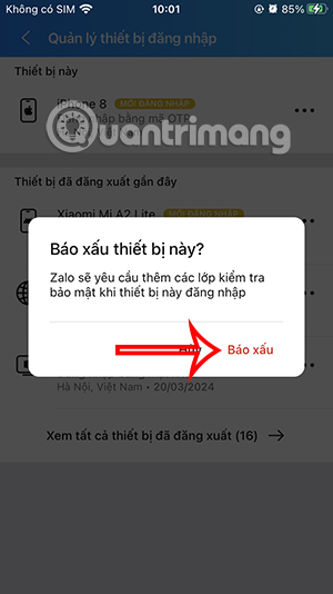 Báo cáo thiết bị đăng nhập Zalo