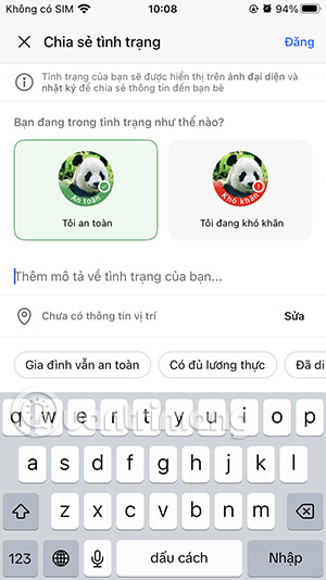 Chia sẻ tình trạng hiện tại trên Zalo SOS