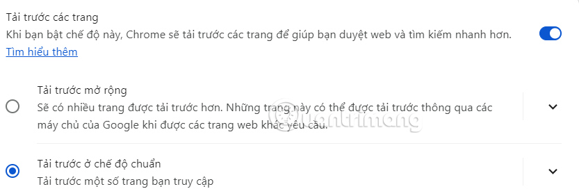 Tùy chọn tải trước trang trên Chrome