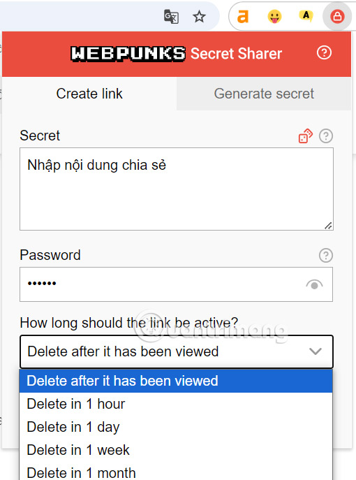 Thiết lập nội dung chia sẻ Secret Sharer