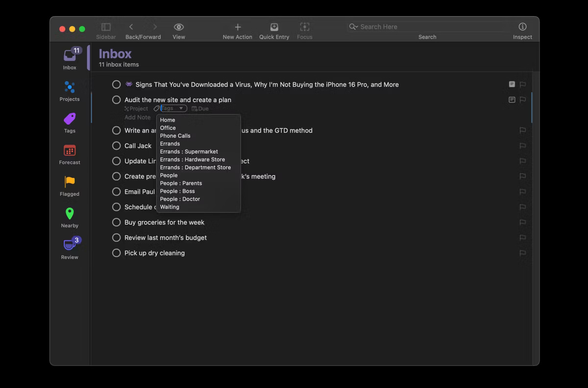 Inbox OmniFocus cho thấy cách thêm tag