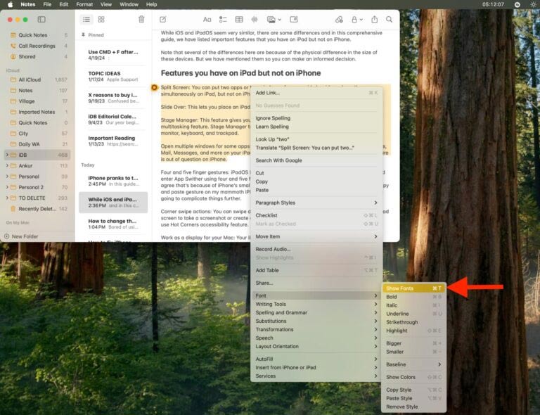 Chọn font chữ trong Ghi chú Mac