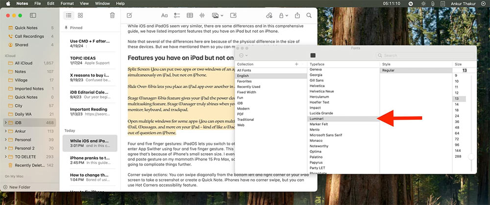 Tìm font chứ cho Ghi chú Mac