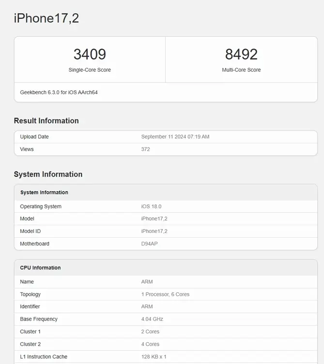 Điểm số Geekbench A18 Pro