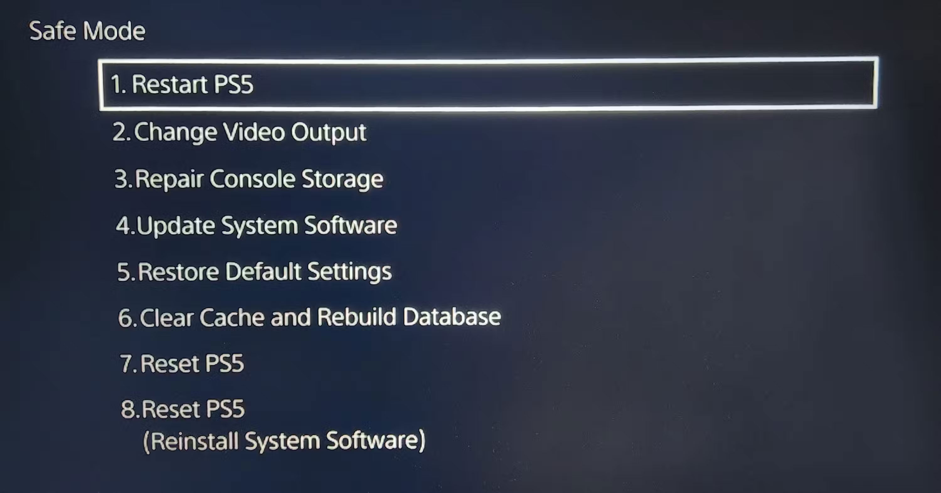 Menu Safe Mode PS5