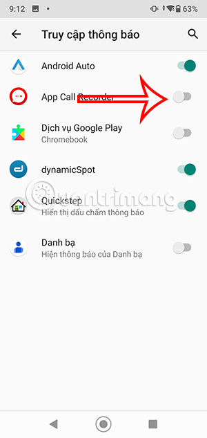 Bật thông báo App Call Recorder
