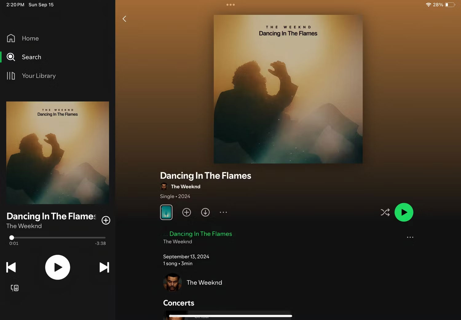 The Weeknd phát trên giao diện Spotify.