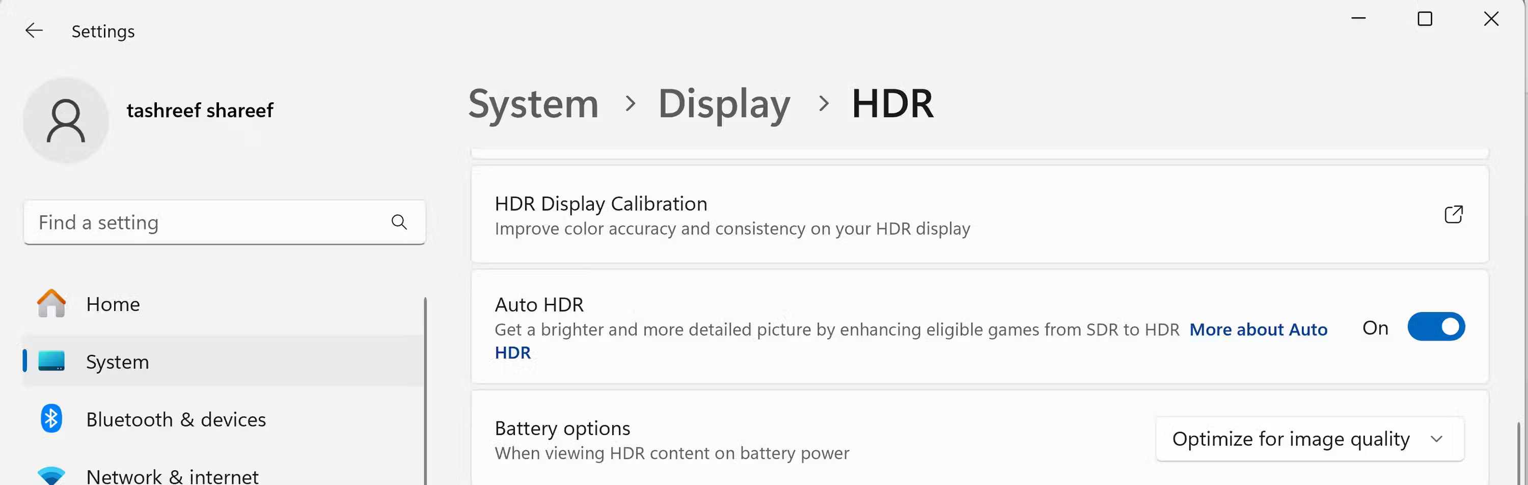 Tùy chọn Auto HDR và ​​Battery của Windows 11