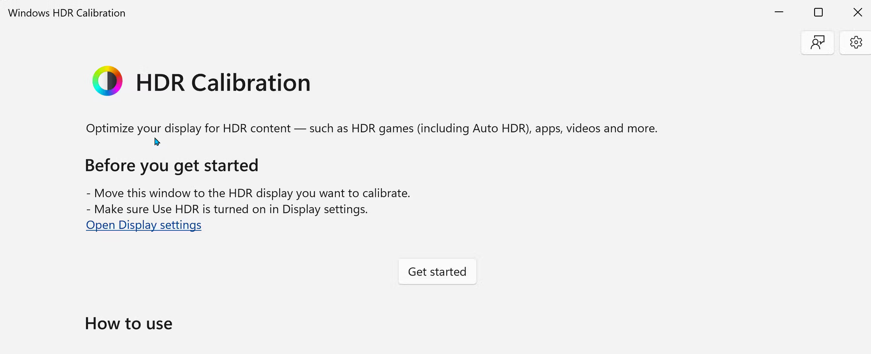 Màn hình bắt đầu của phần mềm HDR Calibration trên Windows 11