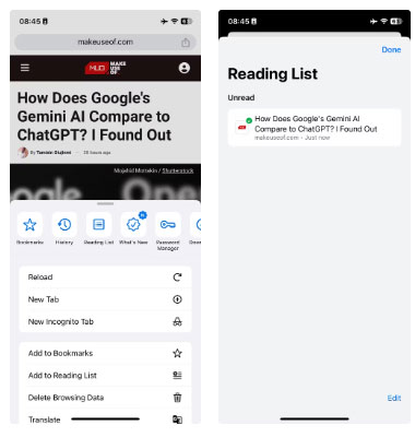 Chrome on iOS provides the option to add websites to the Reading List