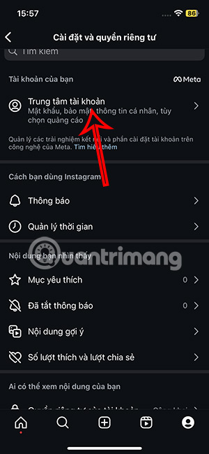 Trung tâm tài khoản Instagram