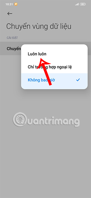 Bật chuyển vùng dữ liệu Viettel