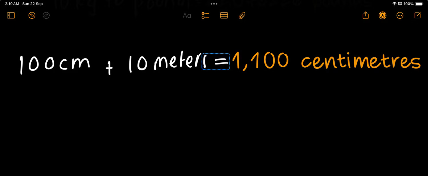 Cộng cm và mét trong Math Notes