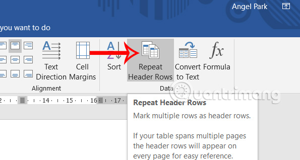Nhắc lại tiêu đề trong Word bằng Repeat Header Rows