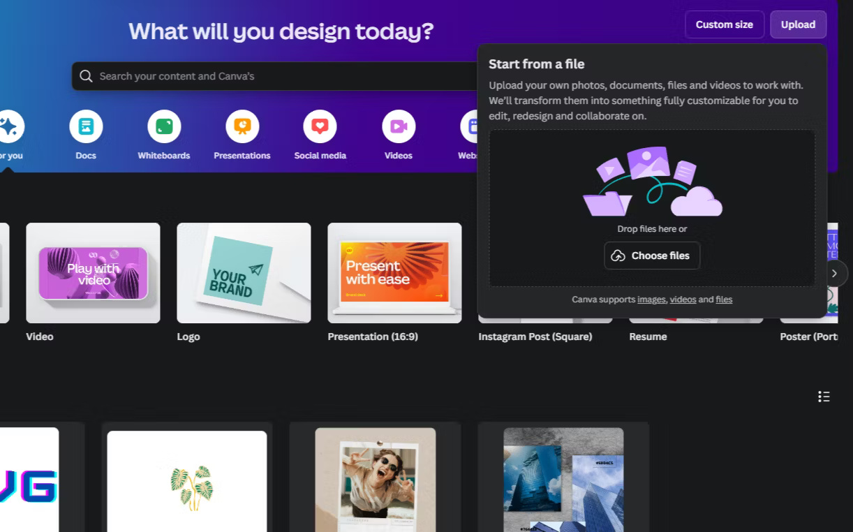 Upload file lên từ trang chủ Canva