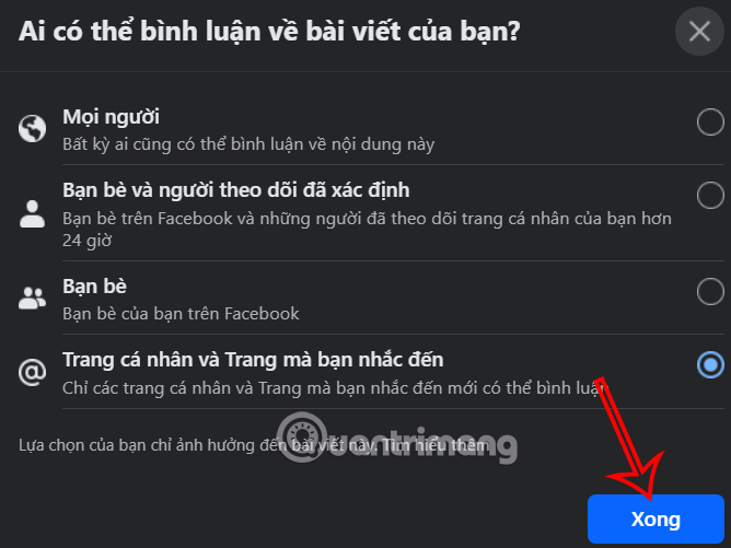 Thông báo tắt bình luận Facebook PC