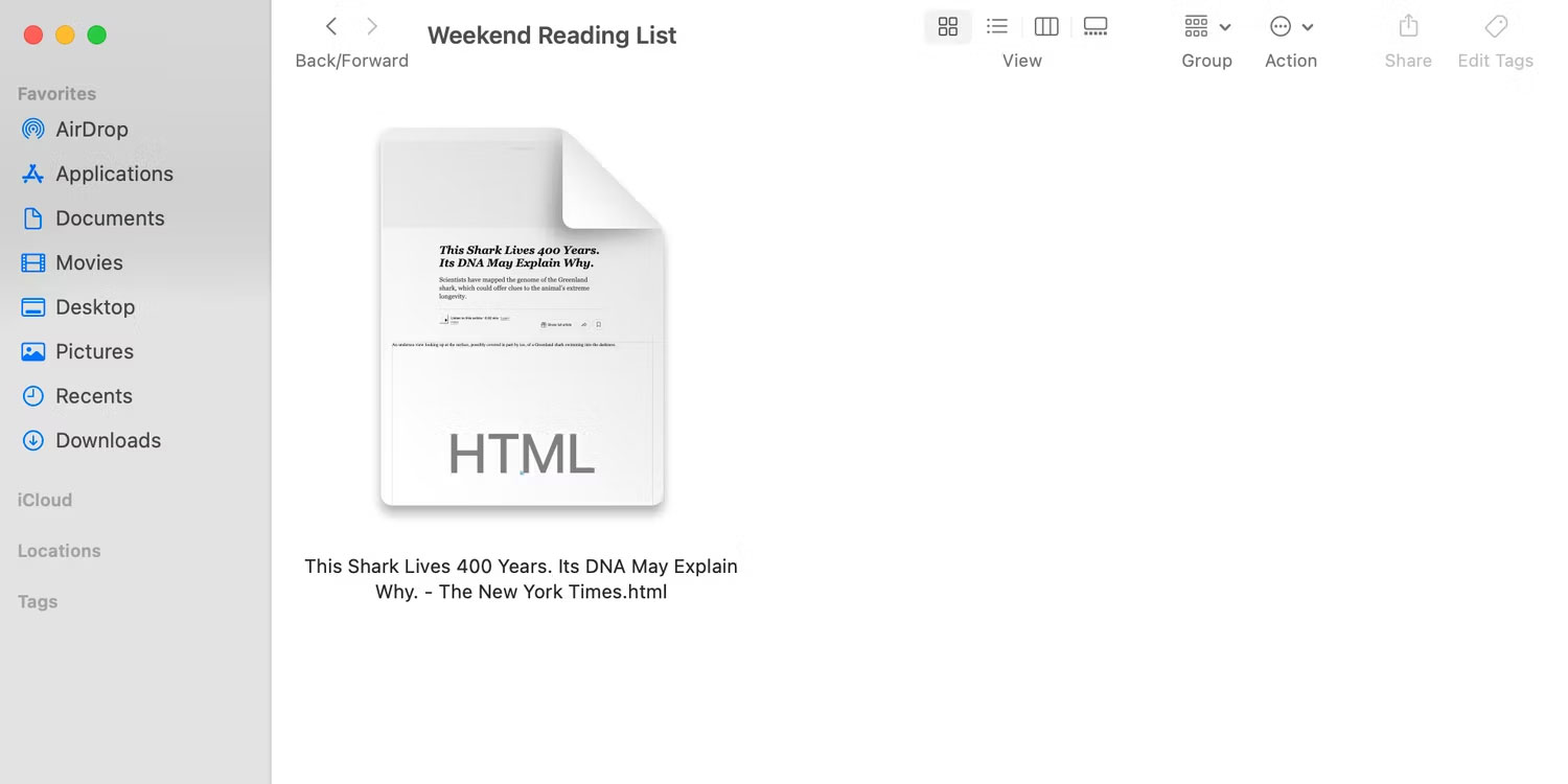 Người dùng Mac sắp xếp 'Danh sách đọc cuối tuần' gồm các trang web HTML đã lưu trong Finder