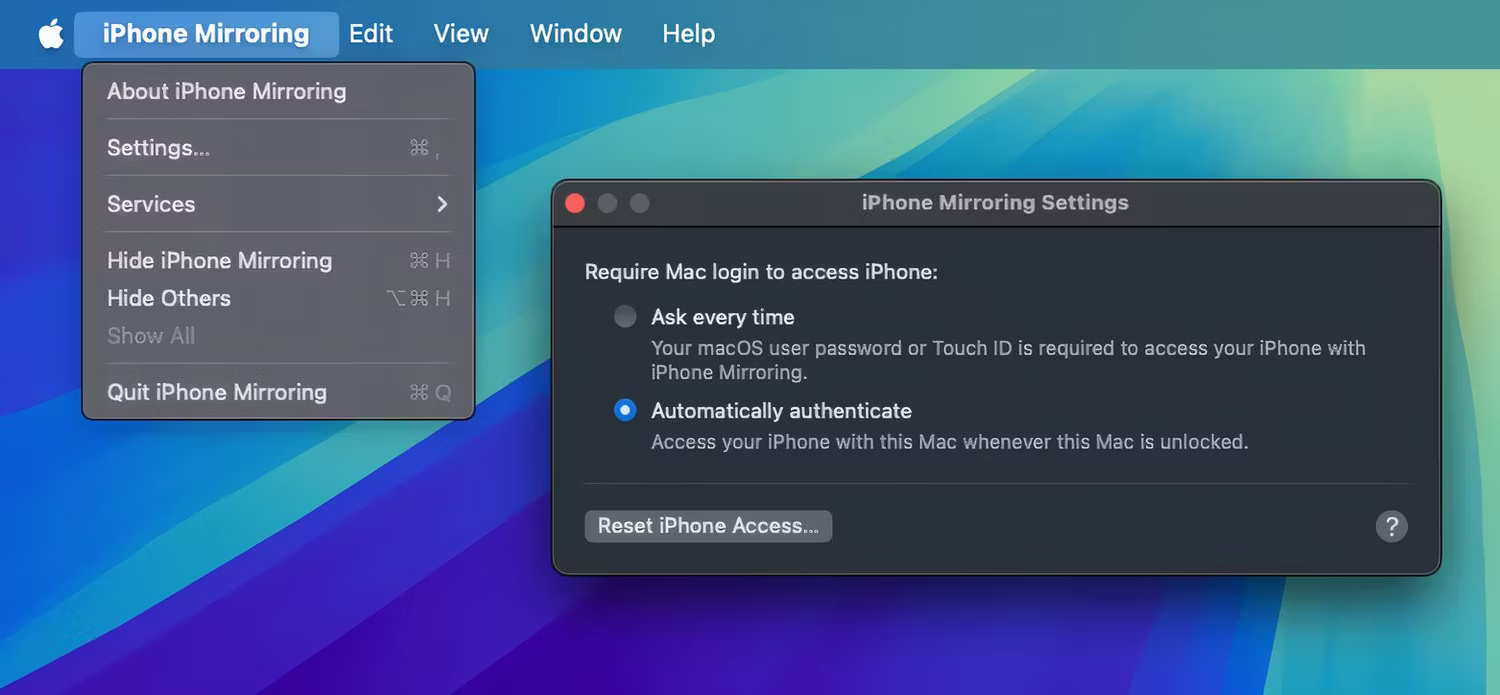 Menu cài đặt iPhone Mirroring trong macOS Sequoia