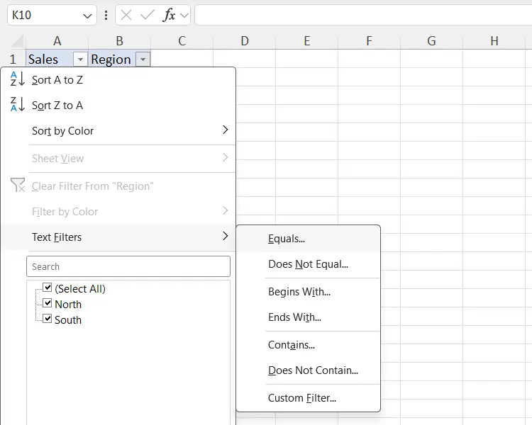 Tạo bộ lọc văn bản trong Excel.