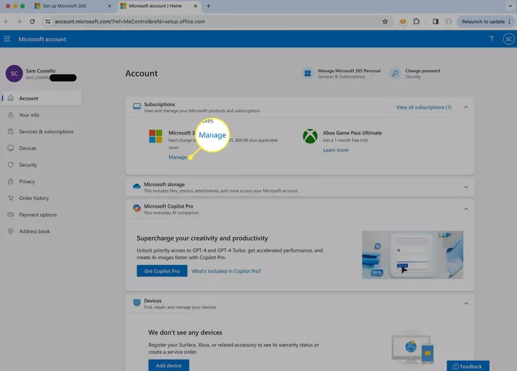 Nút Manage trên màn hình tài khoản Microsoft trong trình duyệt web.