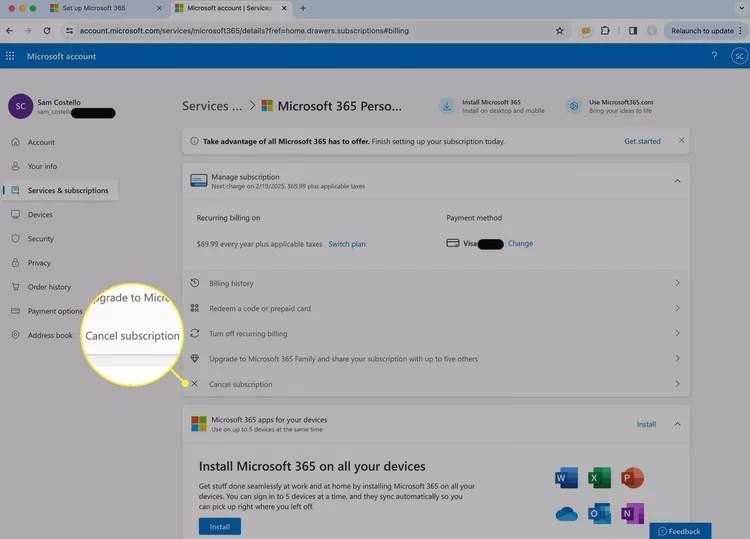 Nút Cancel subscription trên trang tài khoản Microsoft 365 trong trình duyệt web.