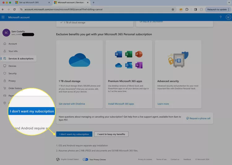 Nút I don't want my subscription trên trang tài khoản Microsoft 365 trong trình duyệt web.