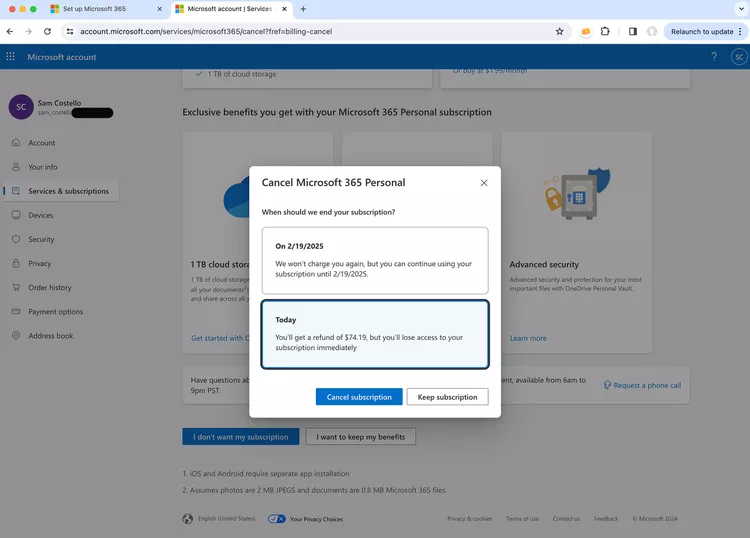 Xác nhận hủy đăng ký Microsoft 365