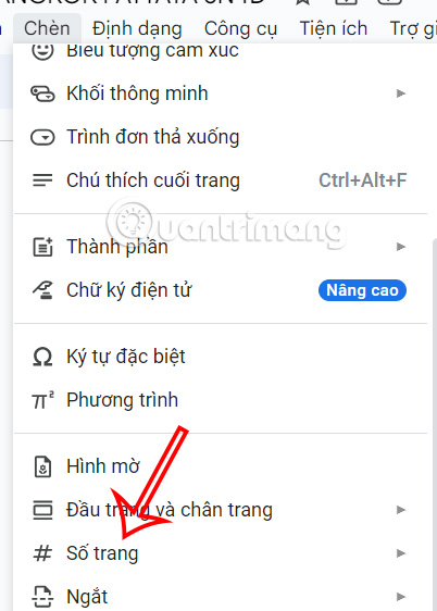Chọn đánh số trang Docs