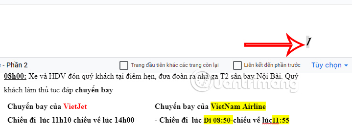 Số trang từ trang bất kỳ trong Docs