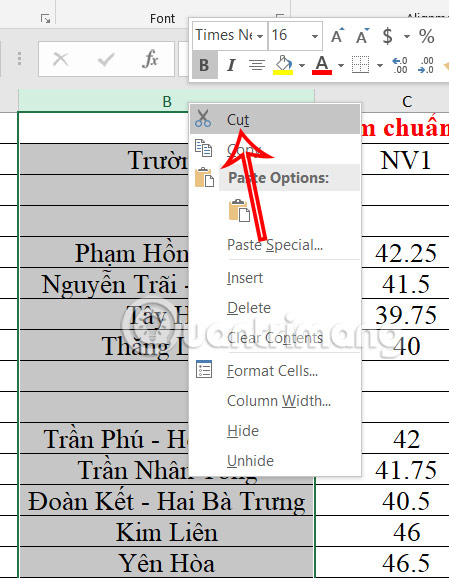 Chuyển vị trí cột trong Excel