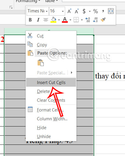 Chèn cột đã chuyển vị trí Excel