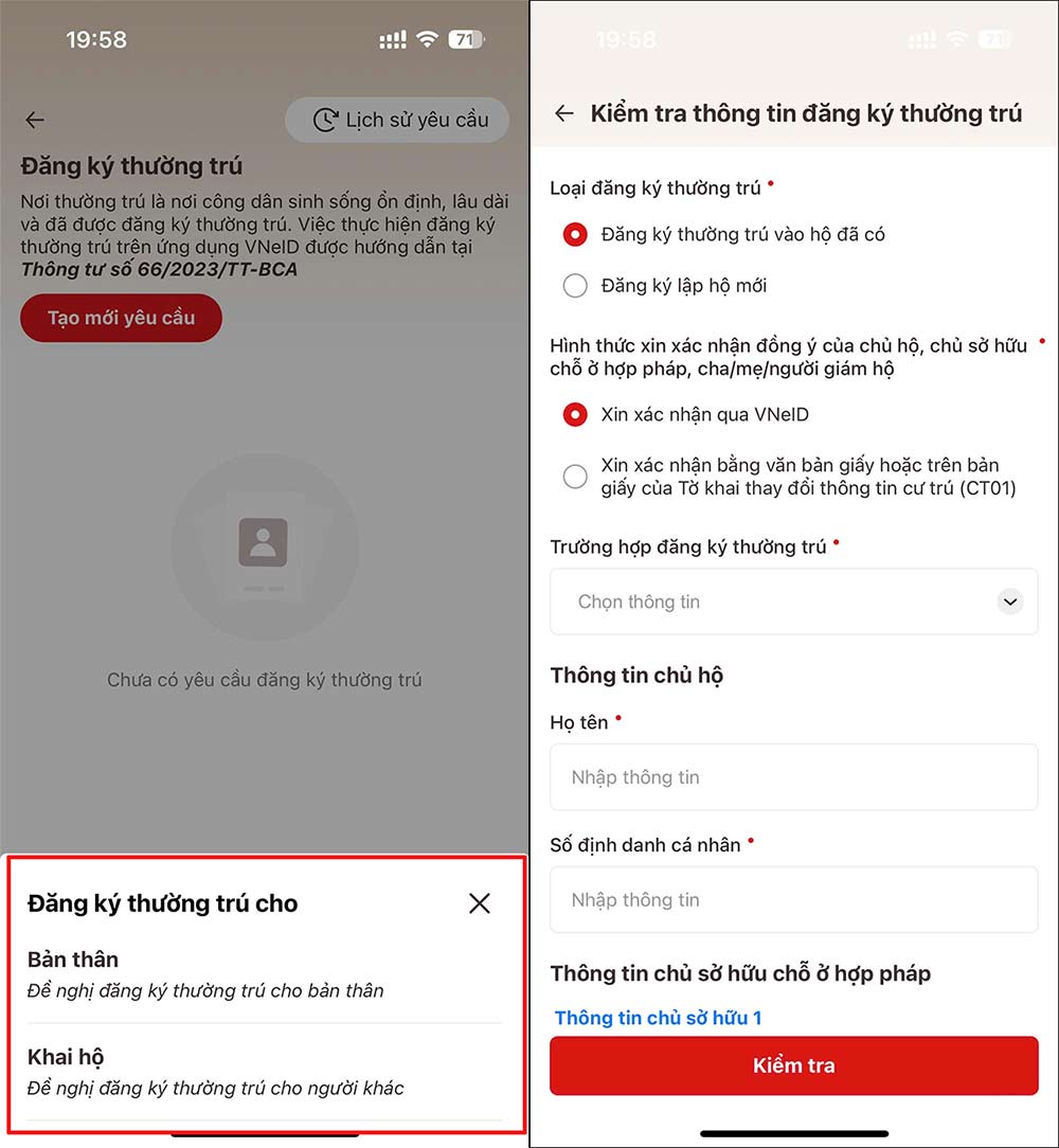 Thông tin đăng ký thường trú trên VneID