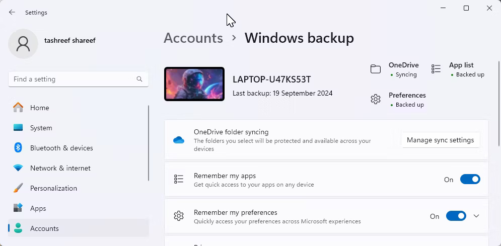 Tùy chọn Manage sync settings trong ứng dụng Settings Windows 11