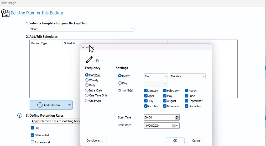 Hộp thoại Add/Edit Schedules trong Macrium Reflect trên Windows 11