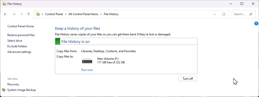 File History trên Windows 11