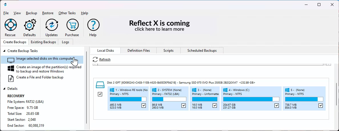 Tùy chọn Image selected disks on this computer được highlight trong Macrium Reflect