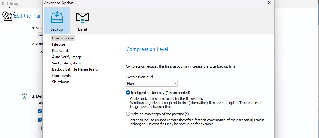 Màn hình tùy chọn nâng cao trong Macrium Reflect trên Windows 11