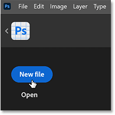 Nhấp vào New file trên Màn hình chính trong Photoshop